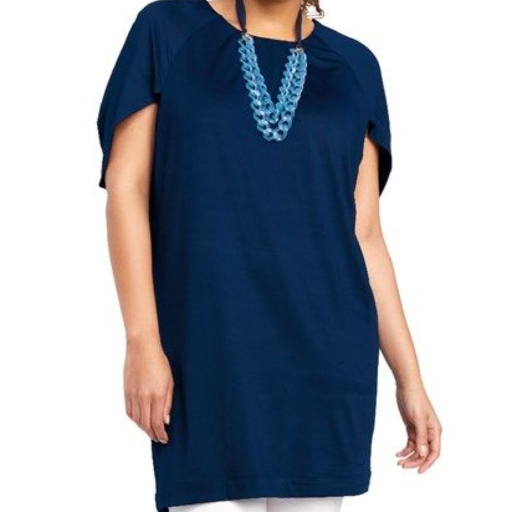Ruby Ribbon Size LARGE Navy Blue Stretch Knit Dolman Short Sleeve